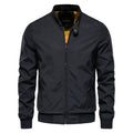 Men's Bomber Jacket Zip Front Stand Collar Ribbed Cuffs - Black