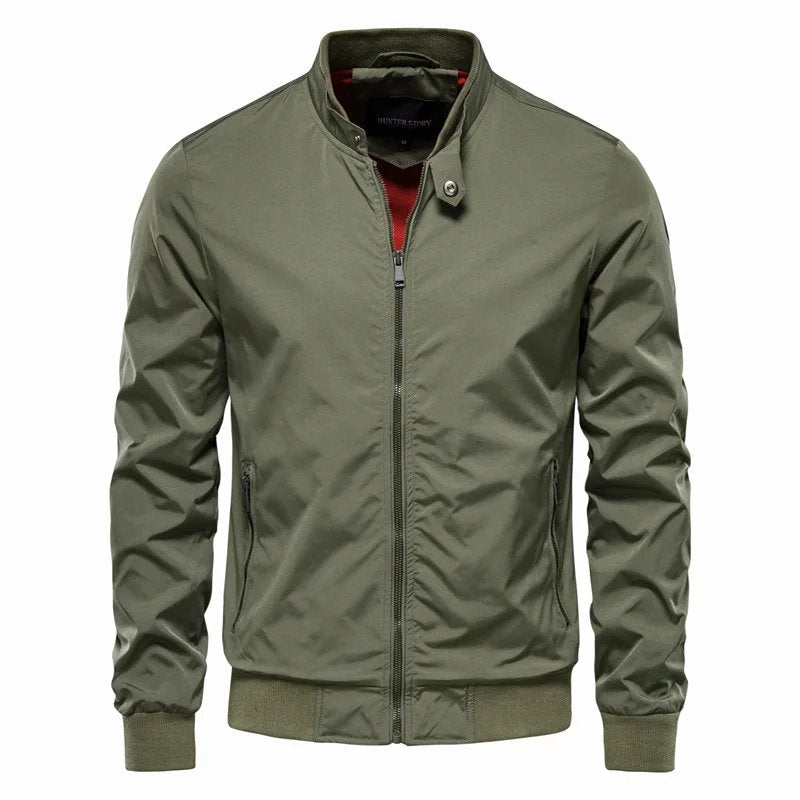 Men's Bomber Jacket Zip Front Stand Collar Ribbed Cuffs - Green