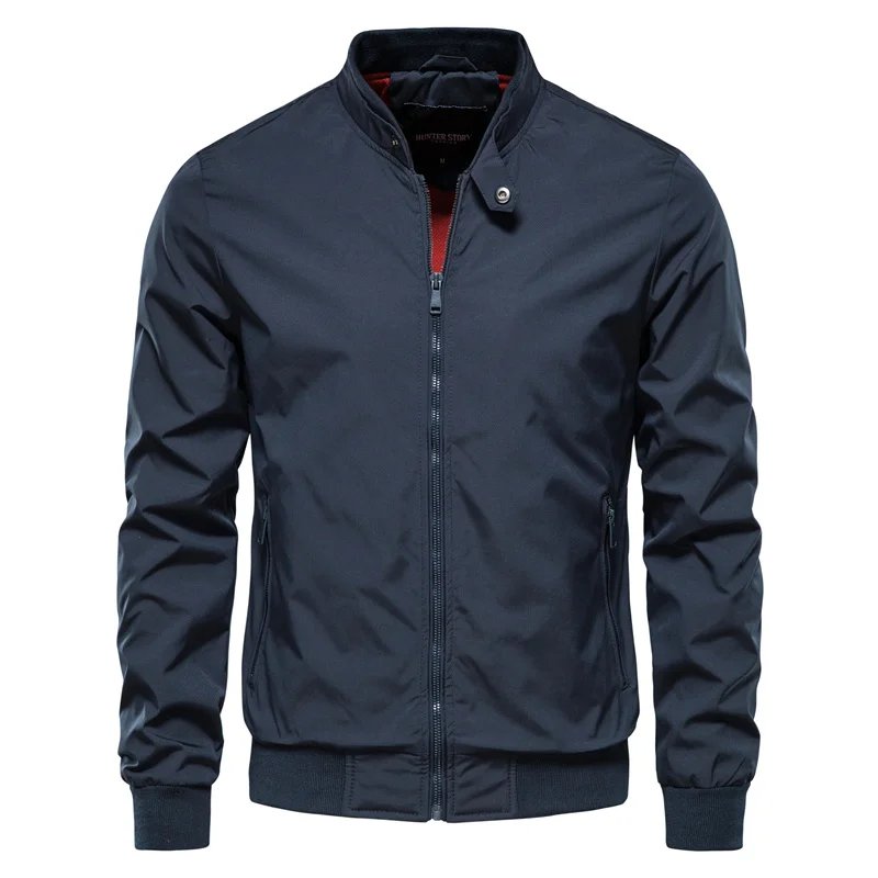 Men's Bomber Jacket Zip Front Stand Collar Ribbed Cuffs - Blue