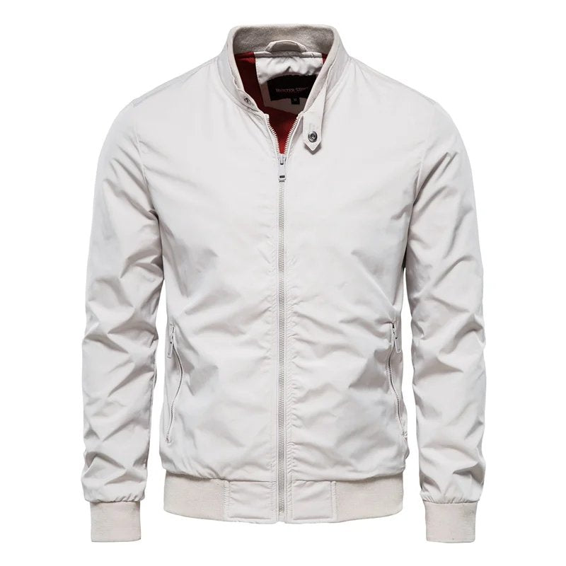 Men's Bomber Jacket Zip Front Stand Collar Ribbed Cuffs - White