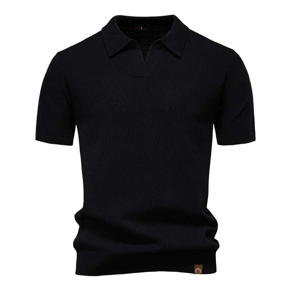 Men's Buttonless Polo Shirt Short Sleeve Textured Knit - Black