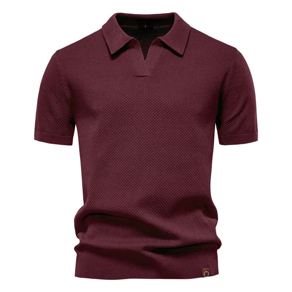 Men's Buttonless Polo Shirt Short Sleeve Textured Knit - Burgundy