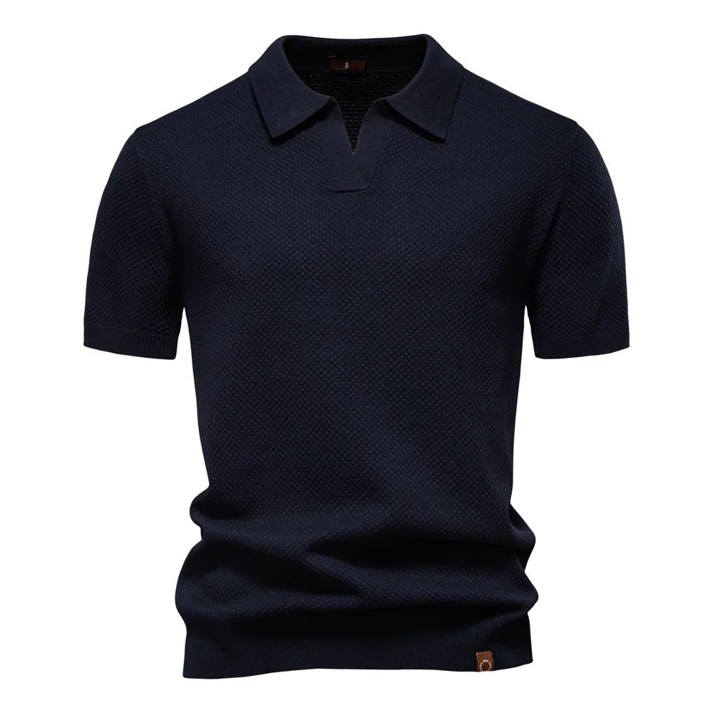 Men's Buttonless Polo Shirt Short Sleeve Textured Knit - Dark Blue