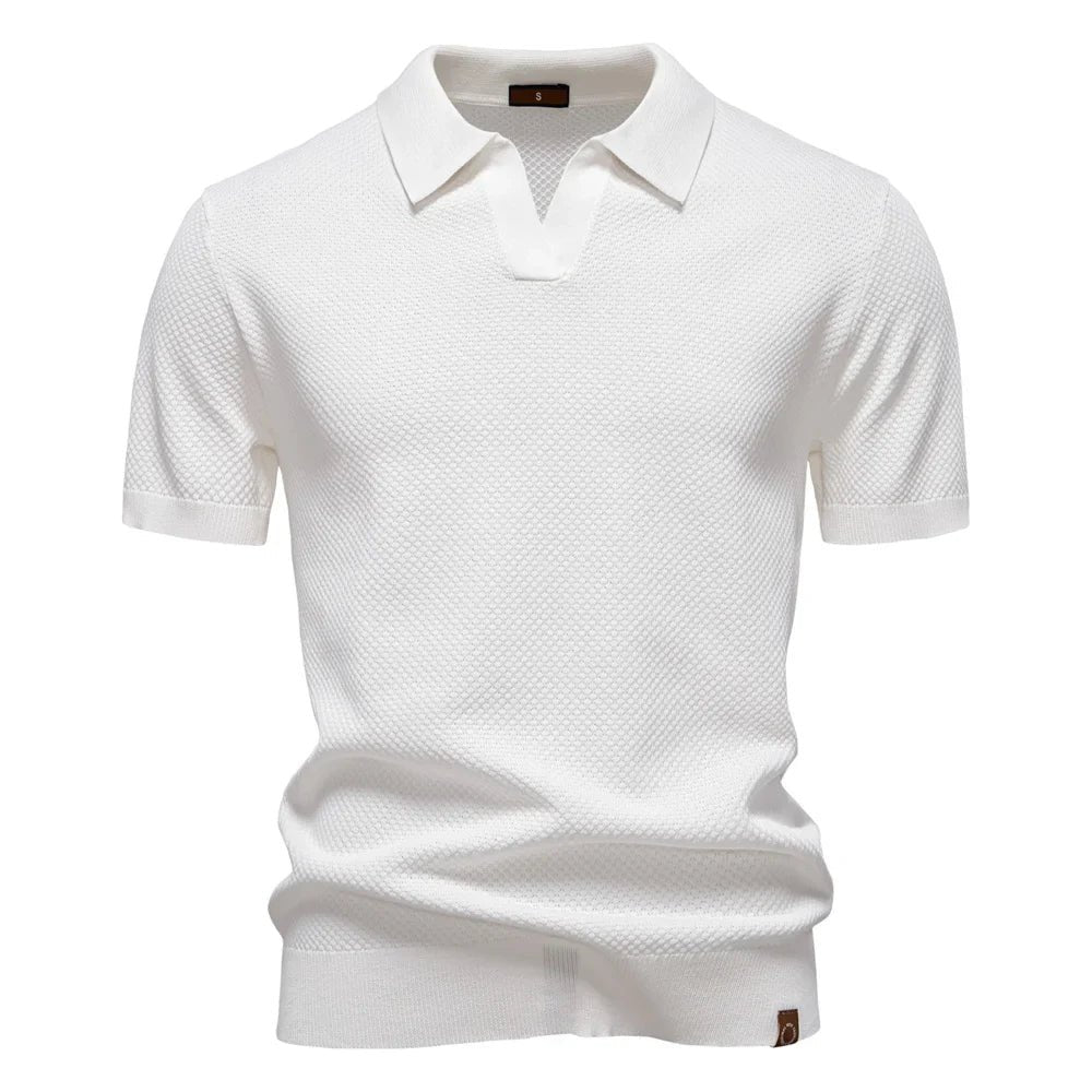 Men's Buttonless Polo Shirt Short Sleeve Textured Knit - White