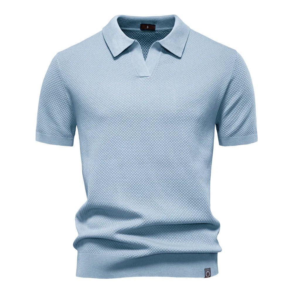 Men's Buttonless Polo Shirt Short Sleeve Textured Knit - Light Blue