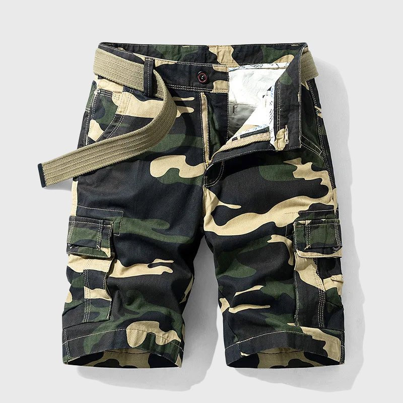 Men's Camouflage Multi-Pocket Cargo Shorts with Belt - Green
