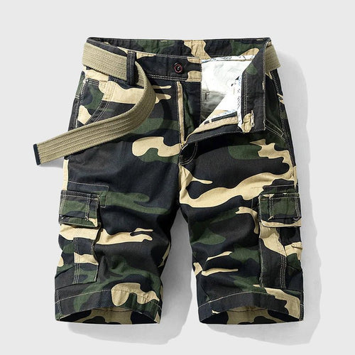 Men's Camouflage Multi-Pocket Cargo Shorts with Belt - Green