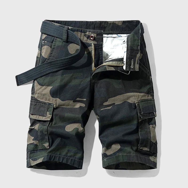 Men's Camouflage Multi-Pocket Cargo Shorts with Belt - Black