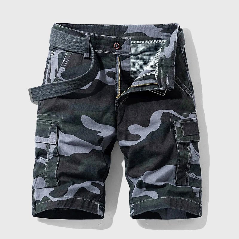Men's Camouflage Multi-Pocket Cargo Shorts with Belt - Gray