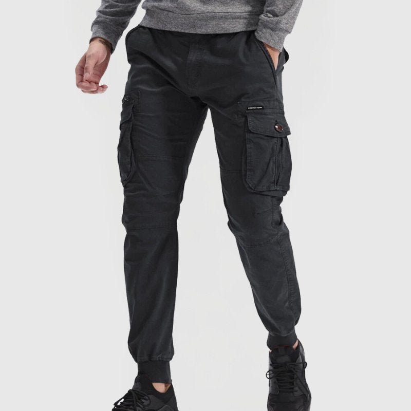 Men's Cargo Jogger Pants Slim Fit Utility Pockets Ribbed Cuffs - Black