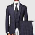 Men's Classic Three-Piece Checked Wool Suit - Navy Blue