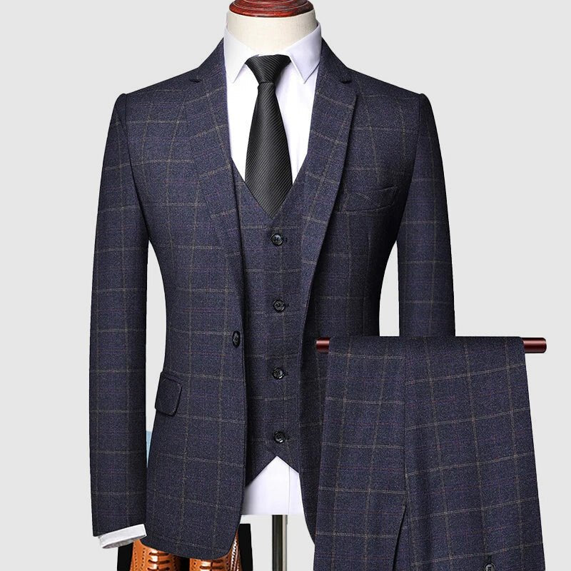 Men's Classic Three-Piece Checked Wool Suit - Navy Blue
