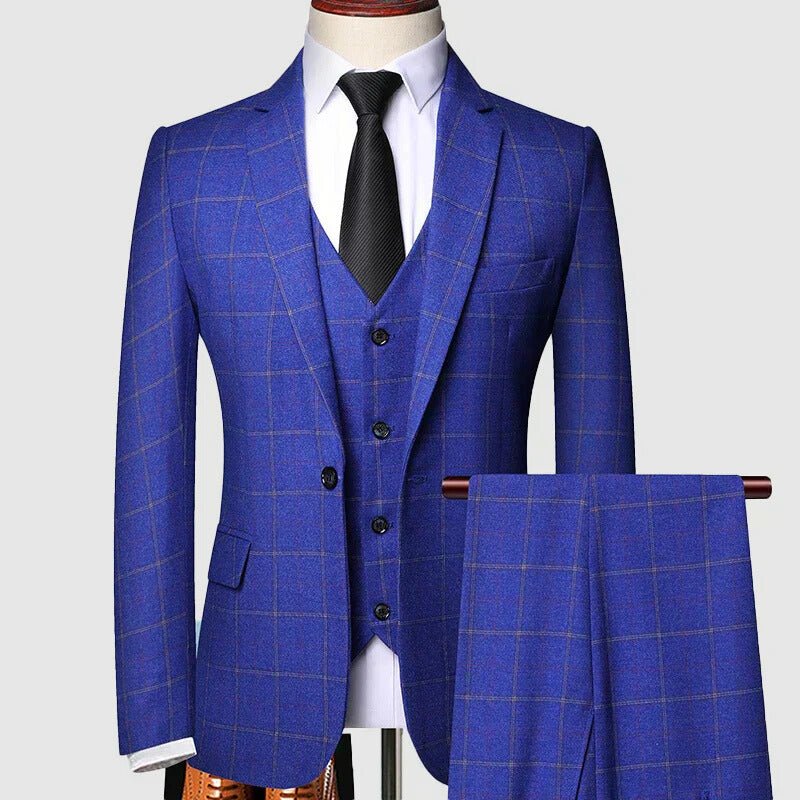 Men's Classic Three-Piece Checked Wool Suit - Blue