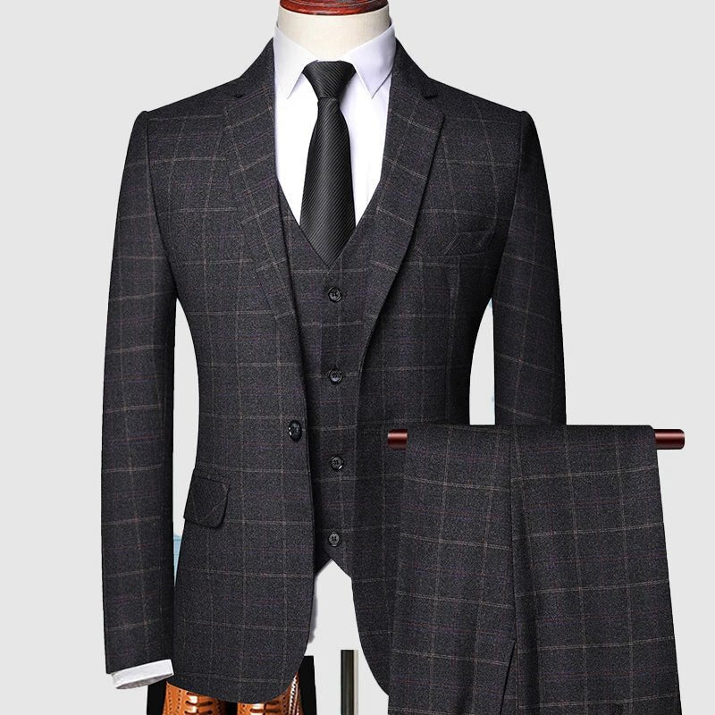 Men's Classic Three-Piece Checked Wool Suit - Black