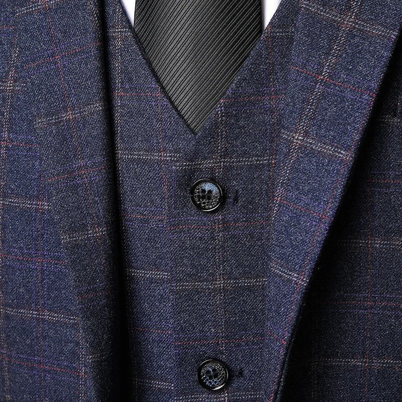 Men's Classic Three-Piece Checked Wool Suit