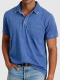 Men's Cotton-Denim Short-Sleeve Button-Neck Polo Shirt - Blue