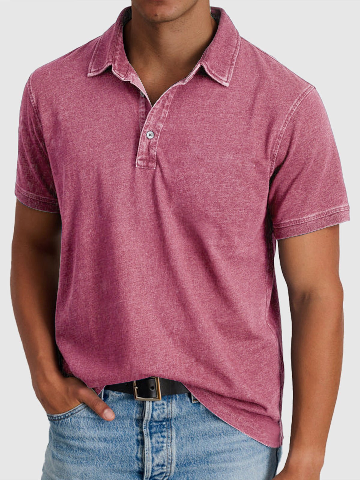 Men's Cotton-Denim Short-Sleeve Button-Neck Polo Shirt - Pink