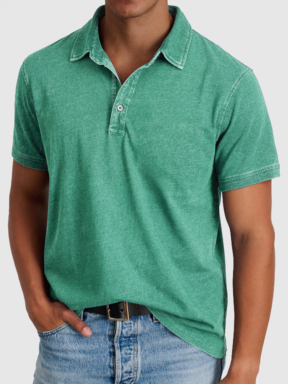 Men's Cotton-Denim Short-Sleeve Button-Neck Polo Shirt - Green