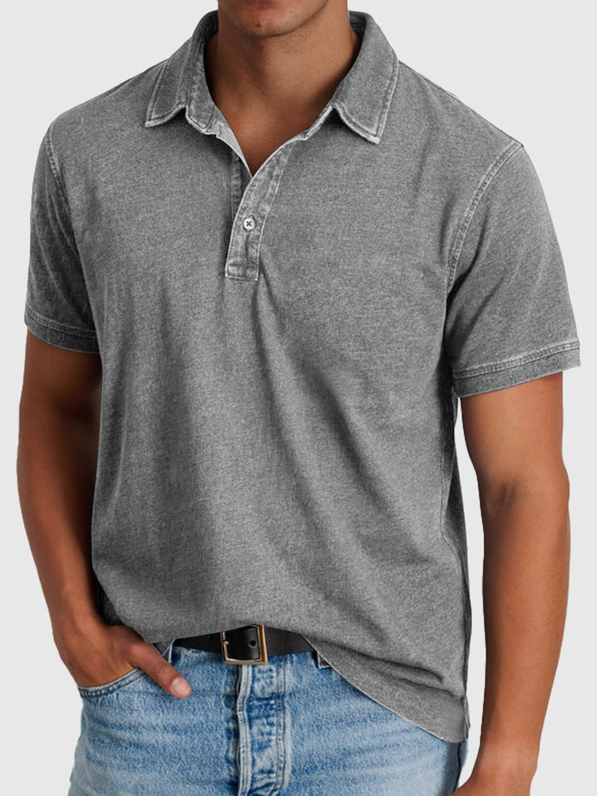Men's Cotton-Denim Short-Sleeve Button-Neck Polo Shirt - Gray