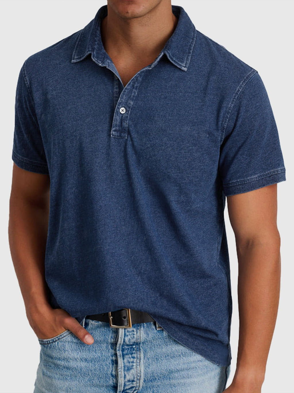 Men's Cotton-Denim Short-Sleeve Button-Neck Polo Shirt - Navy Blue