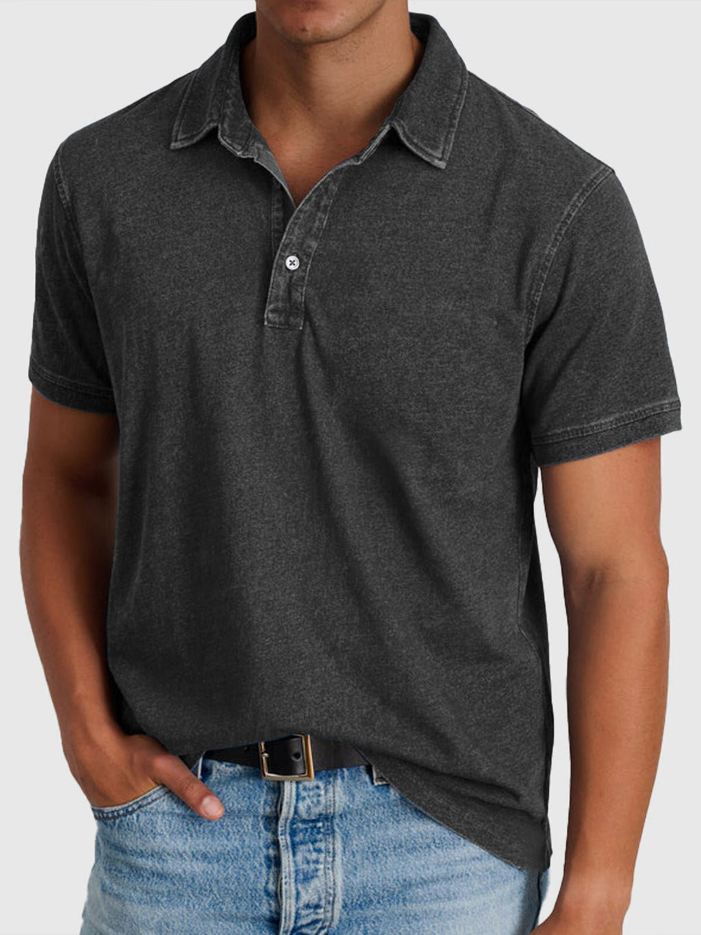 Men's Cotton-Denim Short-Sleeve Button-Neck Polo Shirt - Black
