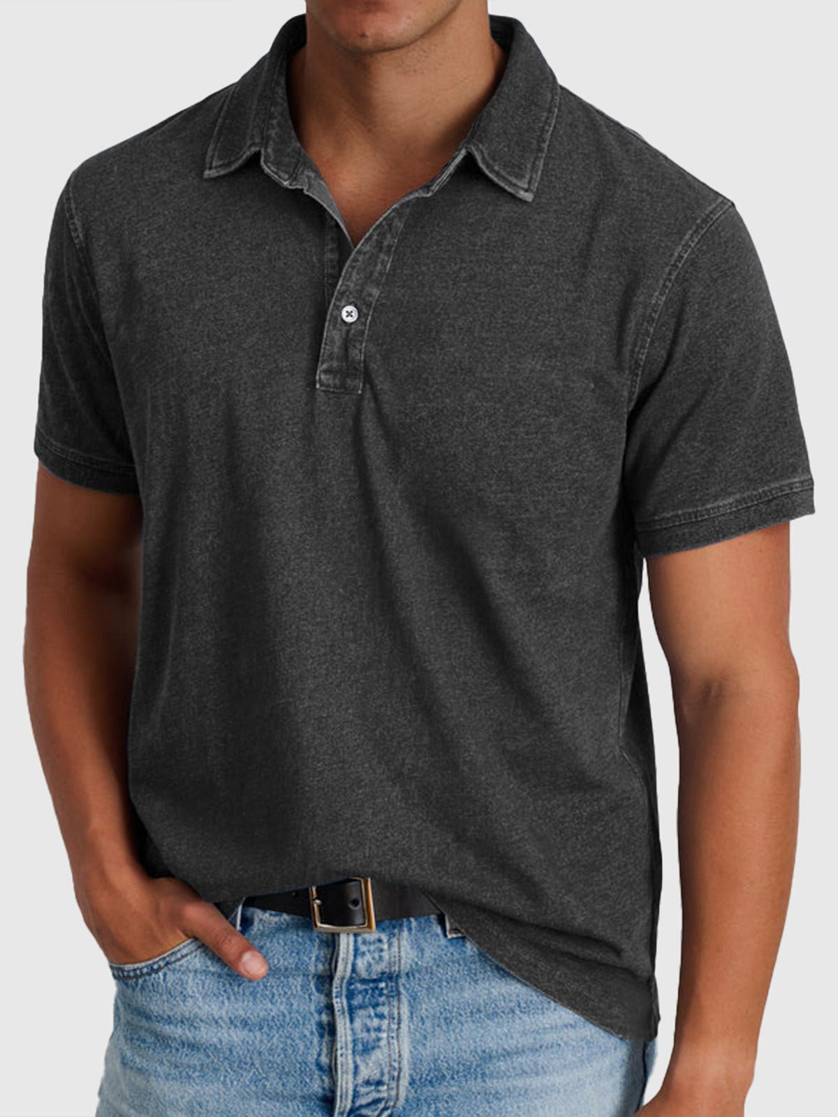 Men's Cotton-Denim Short-Sleeve Button-Neck Polo Shirt - Black