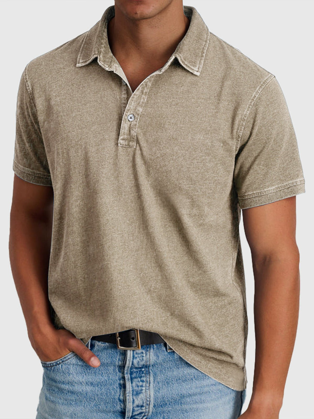 Men's Cotton-Denim Short-Sleeve Button-Neck Polo Shirt - Khaki