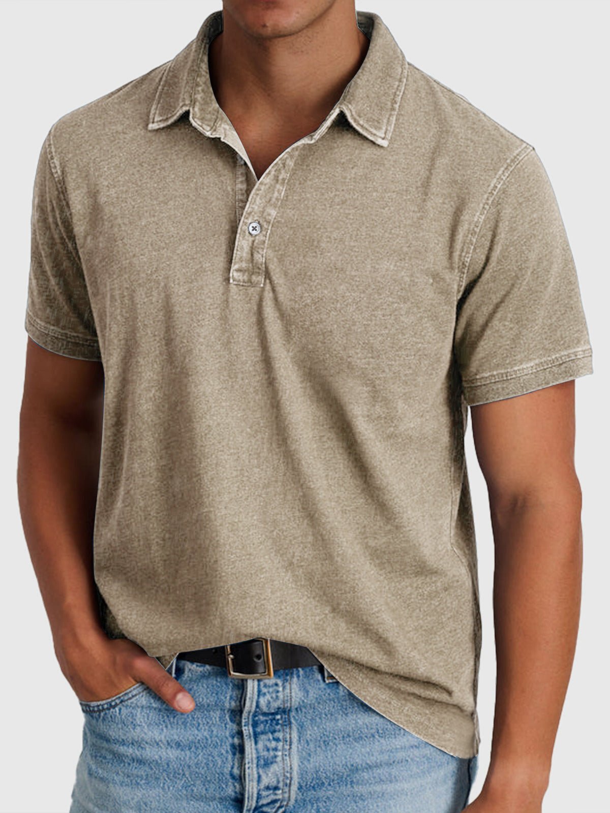 Men's Cotton-Denim Short-Sleeve Button-Neck Polo Shirt - Khaki