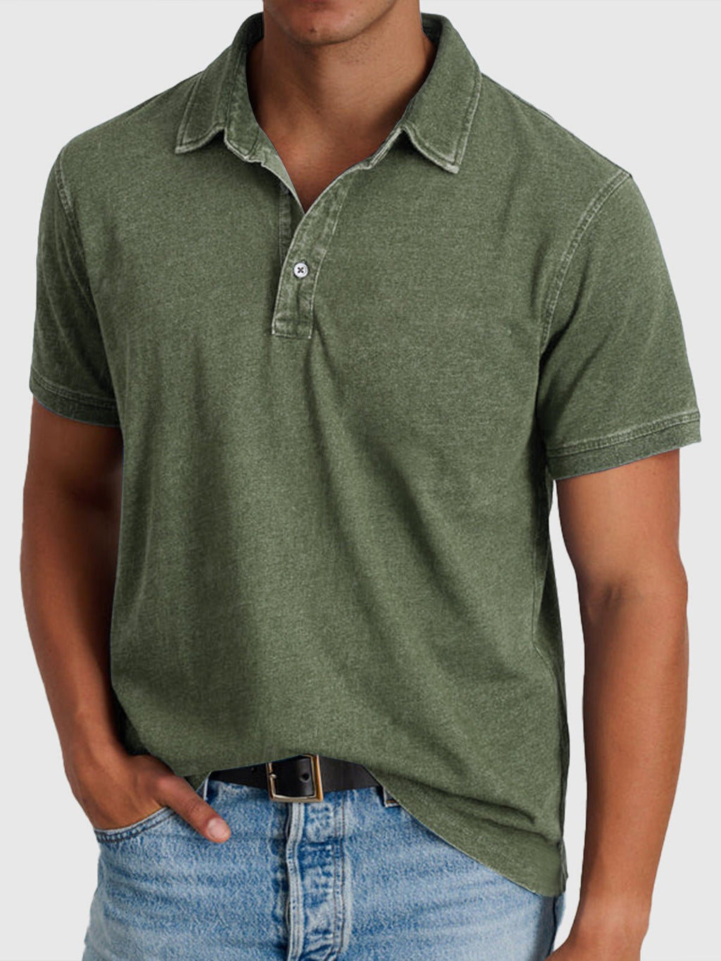 Men's Cotton-Denim Short-Sleeve Button-Neck Polo Shirt - Army Green