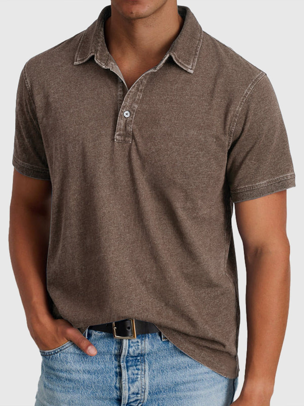 Men's Cotton-Denim Short-Sleeve Button-Neck Polo Shirt - Brown