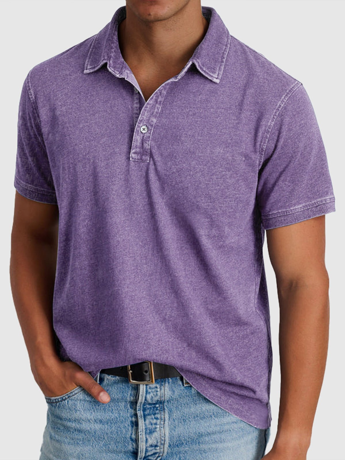 Men's Cotton-Denim Short-Sleeve Button-Neck Polo Shirt - Purple