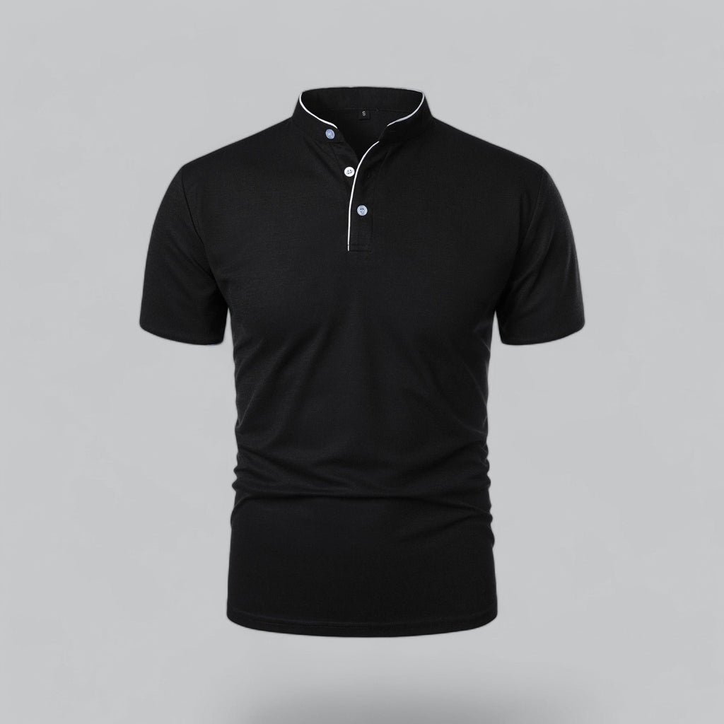 Men's Cotton Mandarin Collar Short-Sleeve Polo Shirt - Black