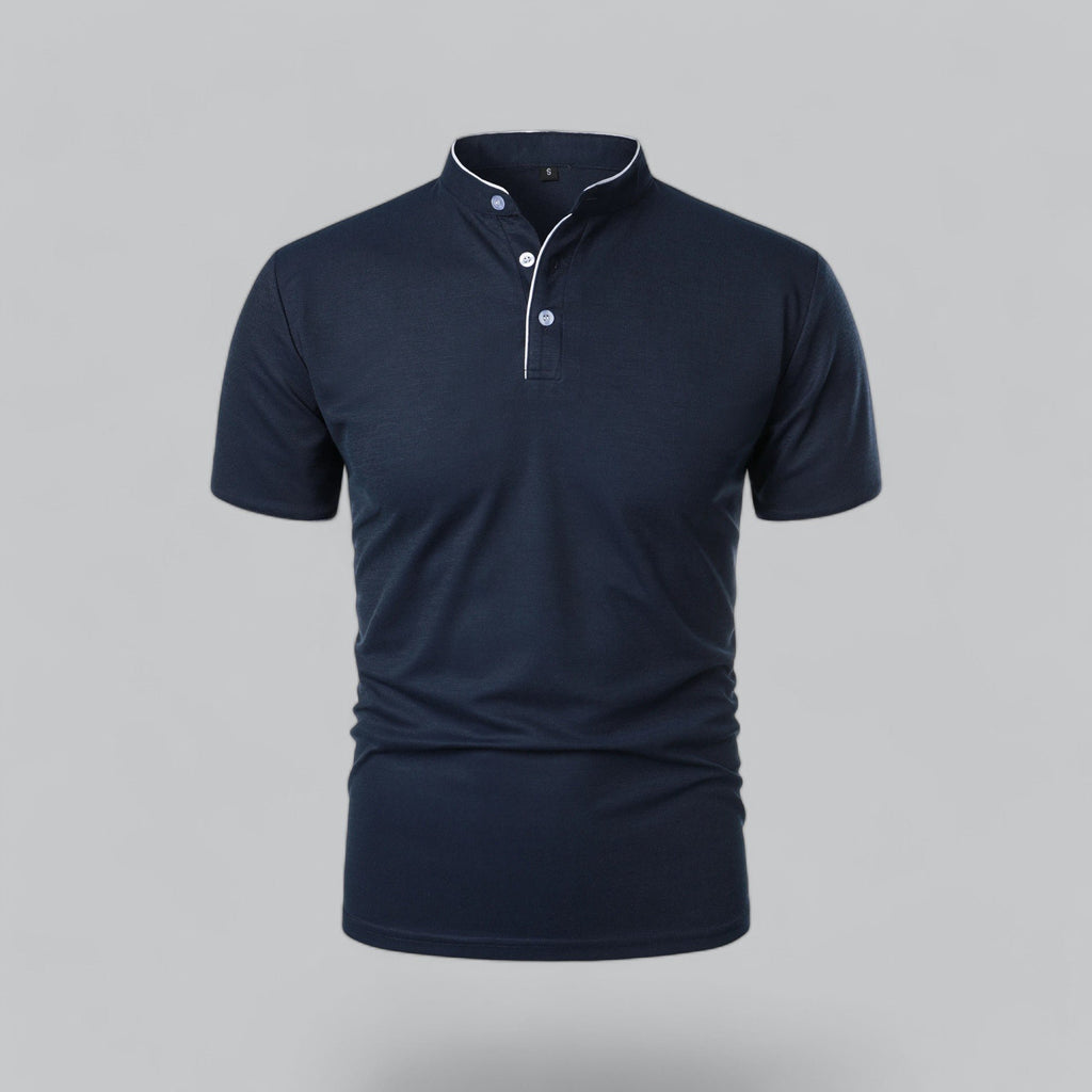 Men's Cotton Mandarin Collar Short-Sleeve Polo Shirt - Navy Blue