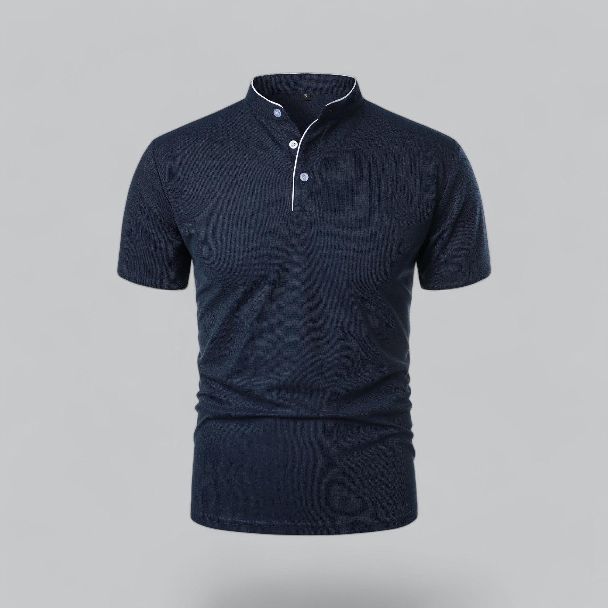 Men's Cotton Mandarin Collar Short-Sleeve Polo Shirt - Navy Blue