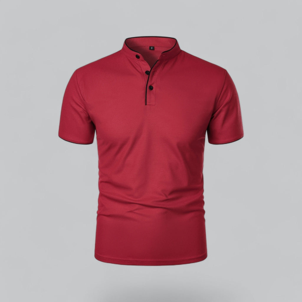 Men's Cotton Mandarin Collar Short-Sleeve Polo Shirt - Dark Red