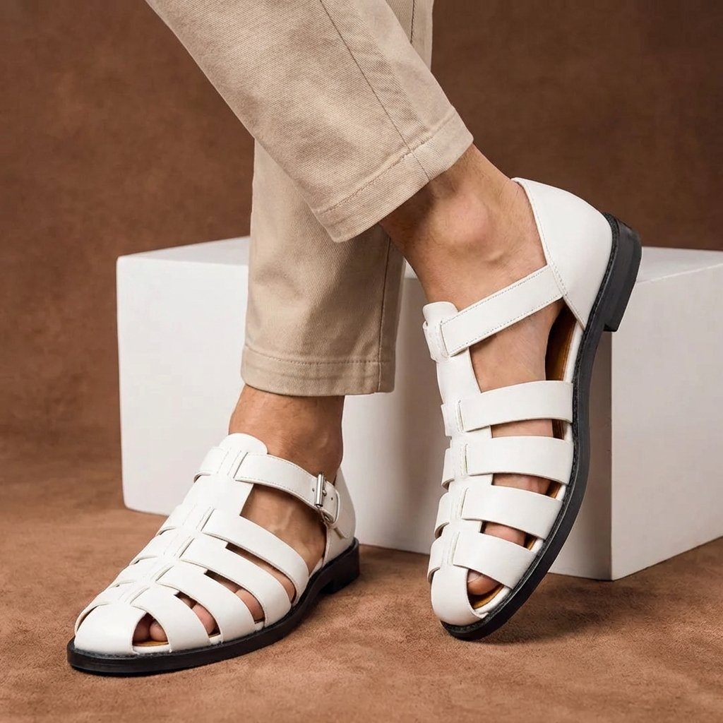 Men's Fisherman Sandals Closed-Toe Buckle Strap - White