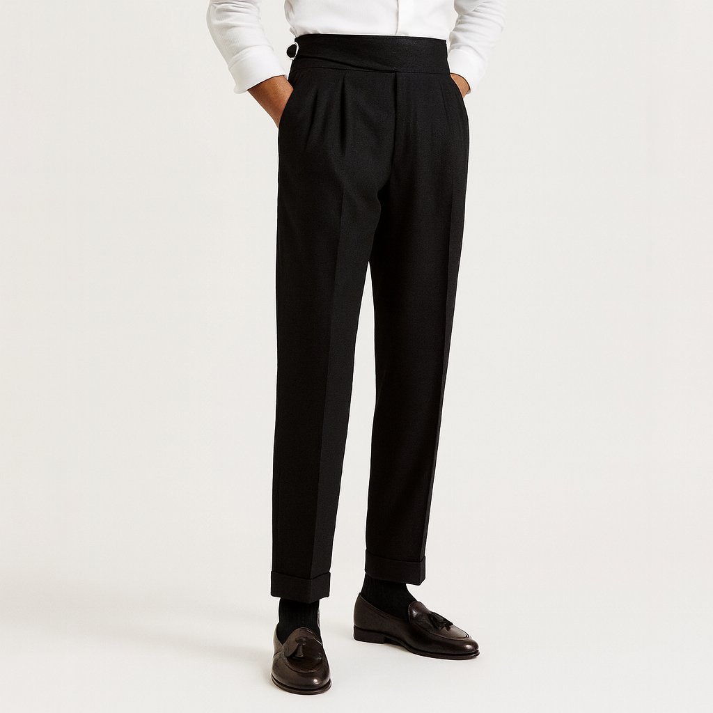 Men's High-Waisted Pleated Straight-Leg Drawstring Pants - Black