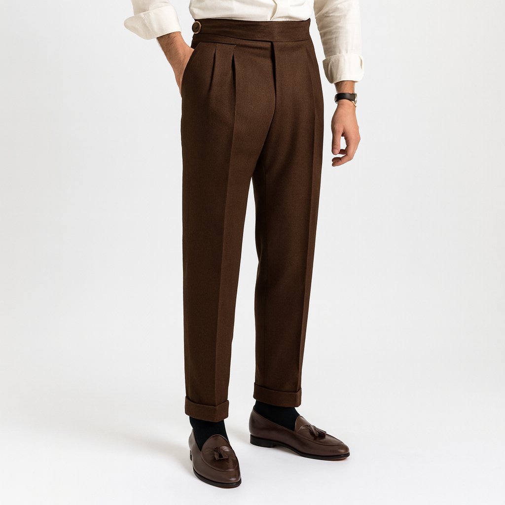 Men's High-Waisted Pleated Straight-Leg Drawstring Pants - Coffee