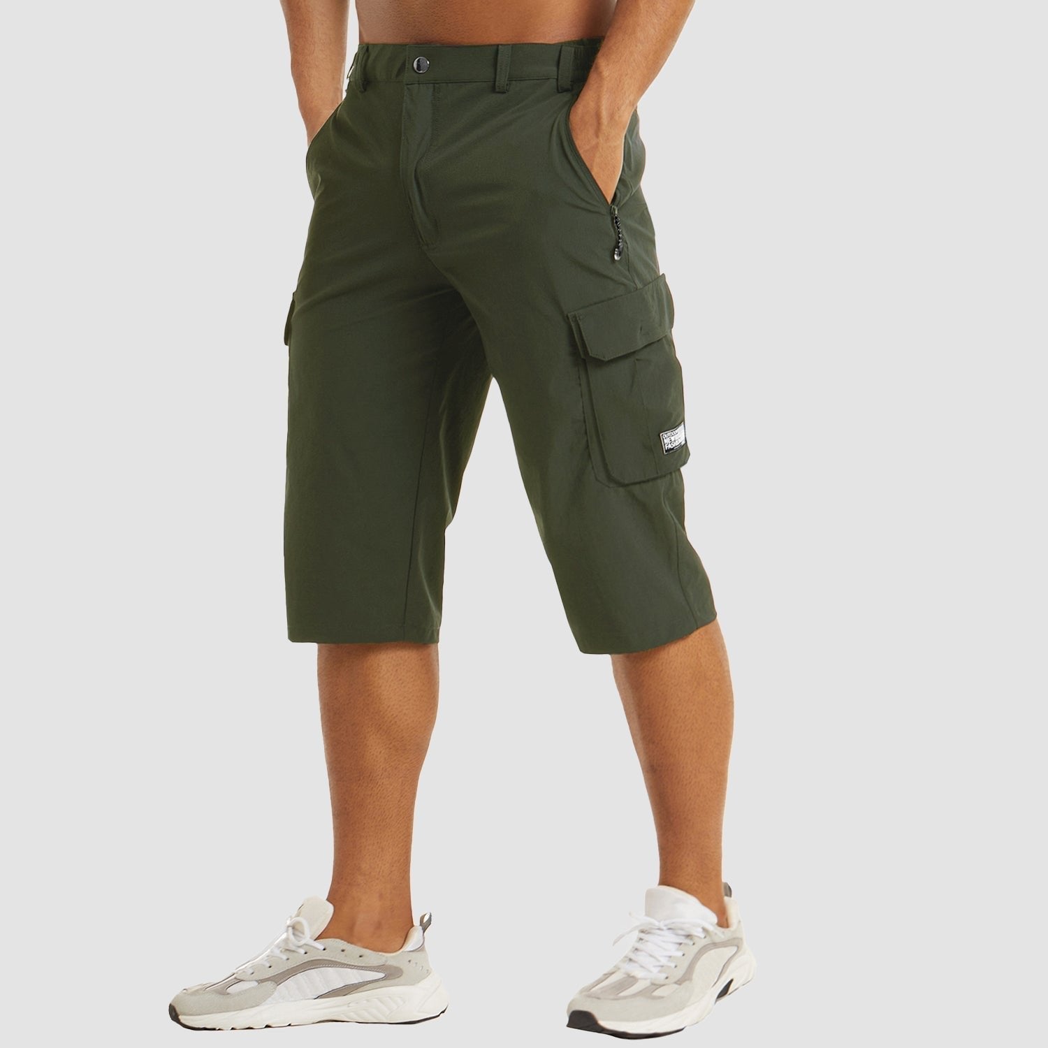 Men's Knee-Length Button-Front Cargo Shorts - Dark Green
