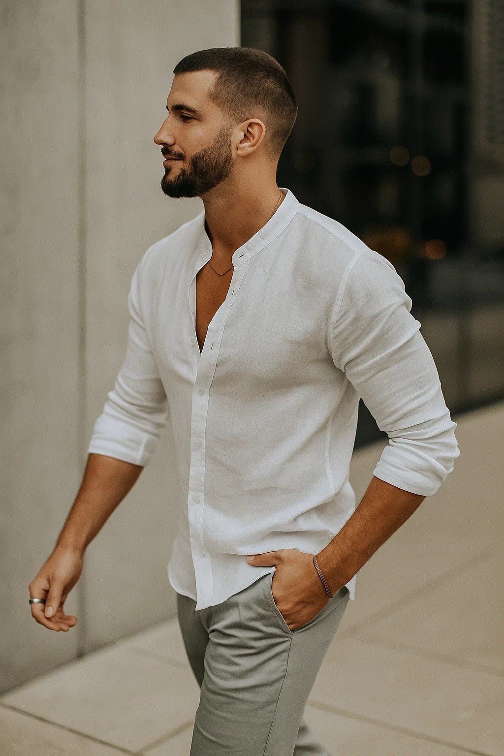 Men's Linen Long-Sleeve Band-Collar Shirt