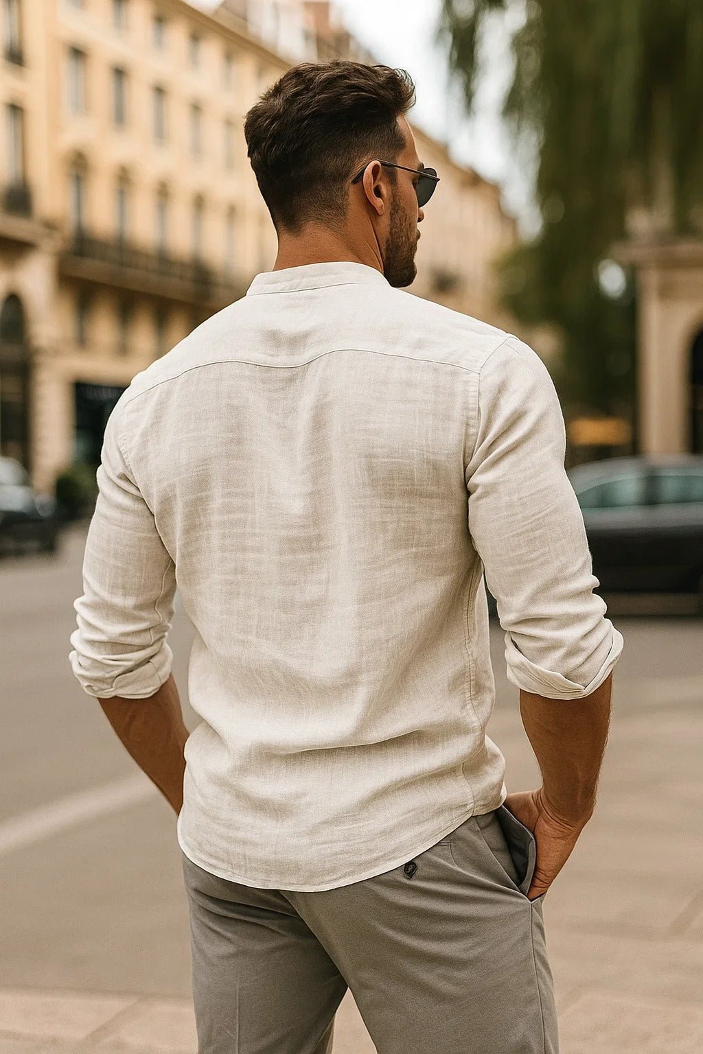 Men's Linen Long-Sleeve Band-Collar Shirt