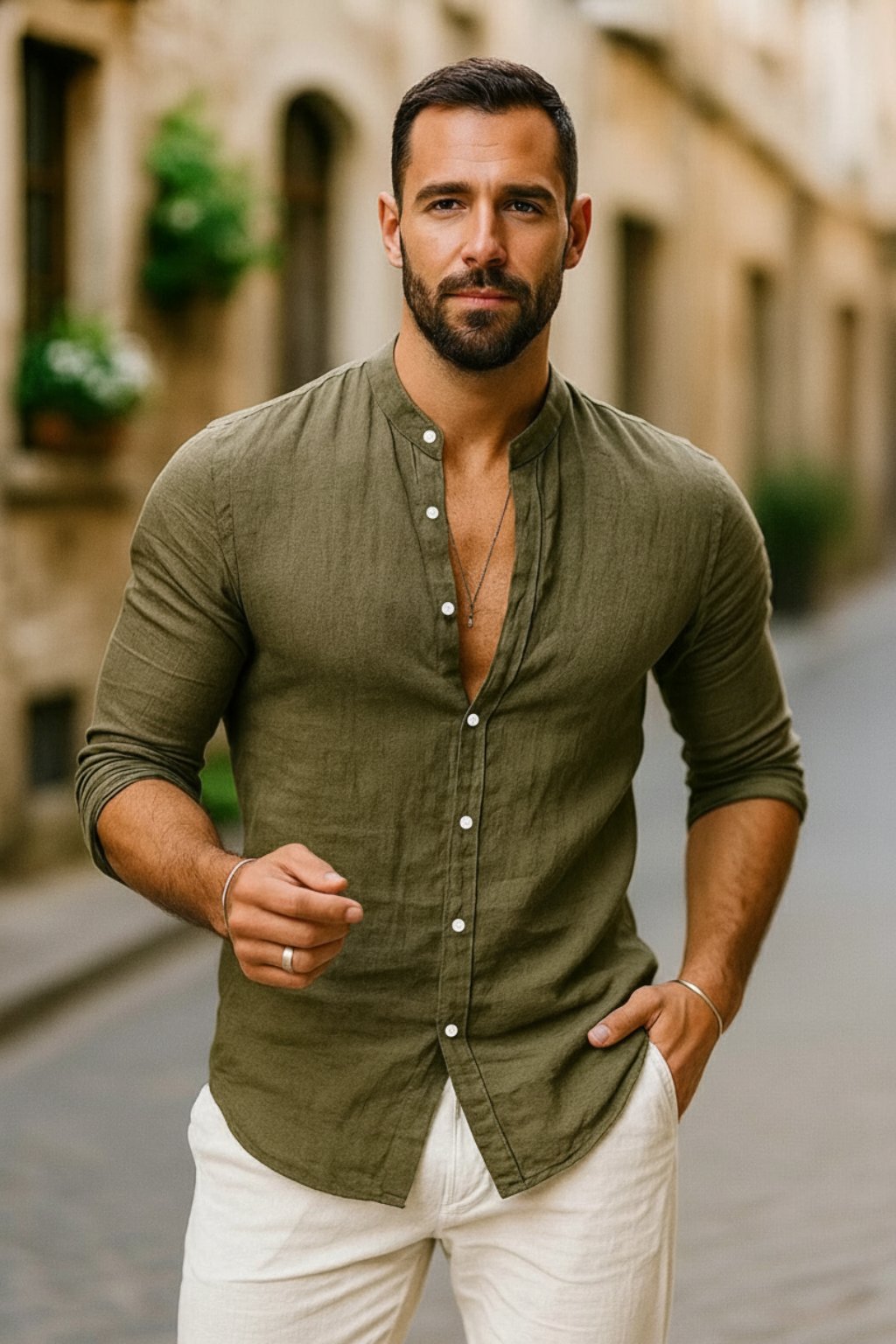 Men's Linen Long-Sleeve Band-Collar Shirt - Army Green