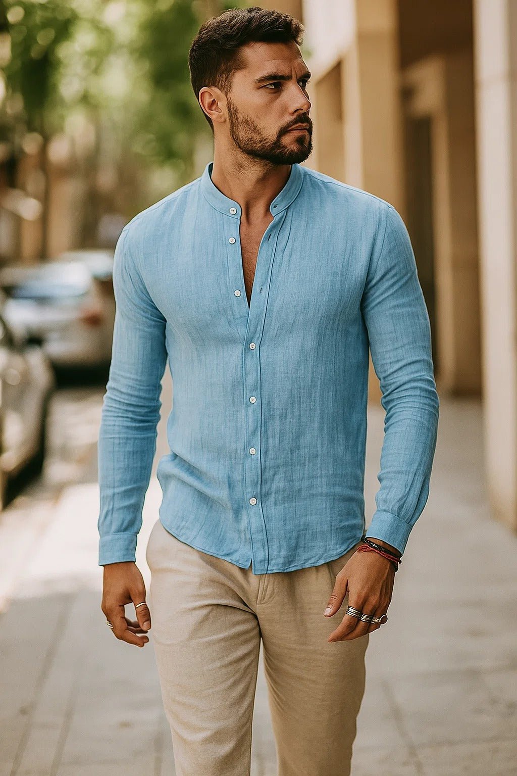 Men's Linen Long-Sleeve Band-Collar Shirt - Light Blue
