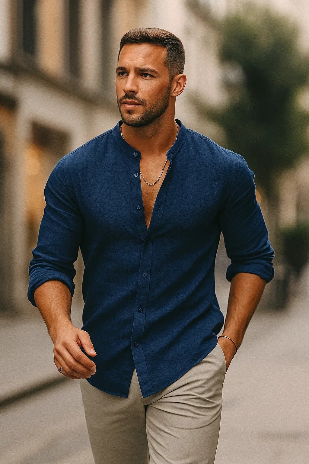 Men's Linen Long-Sleeve Band-Collar Shirt - Blue