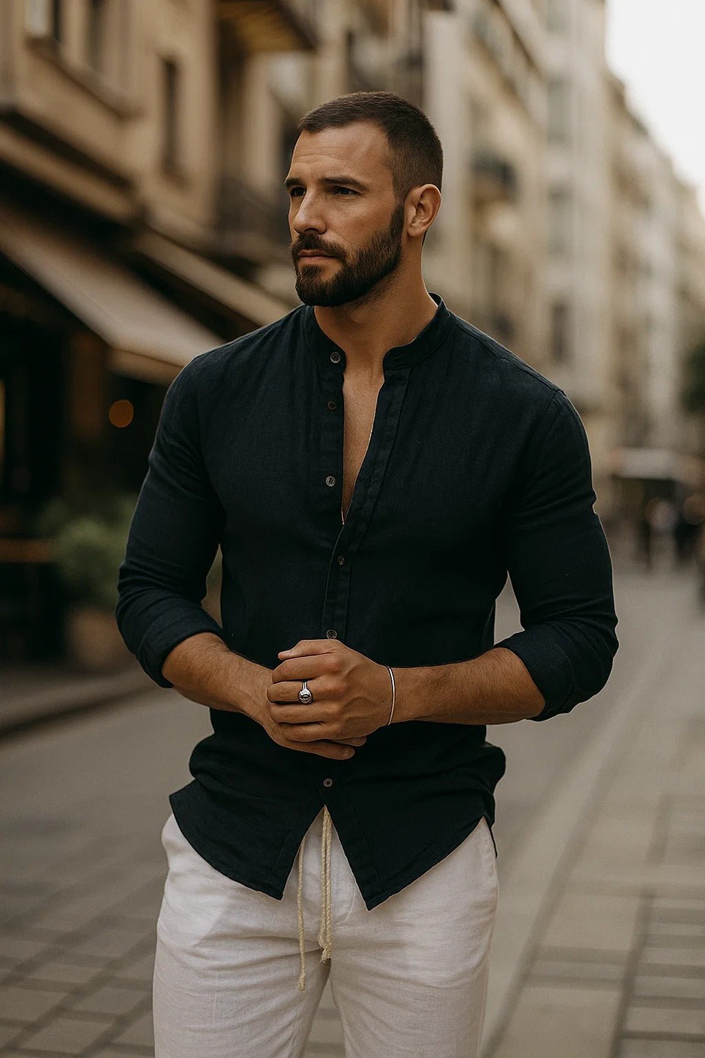 Men's Linen Long-Sleeve Band-Collar Shirt - Black