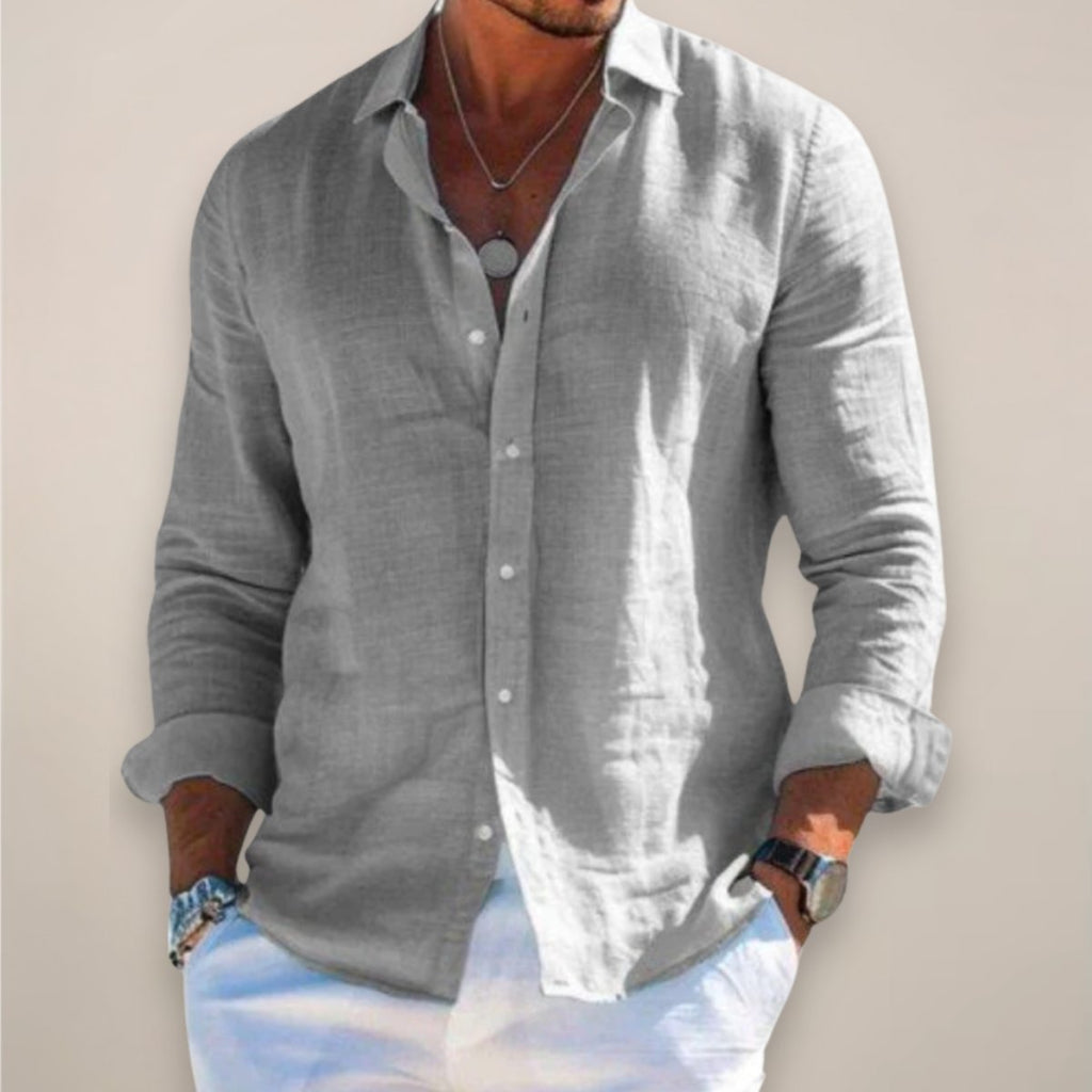 Men's Linen Long Sleeve Button-Up Shirt - Grey