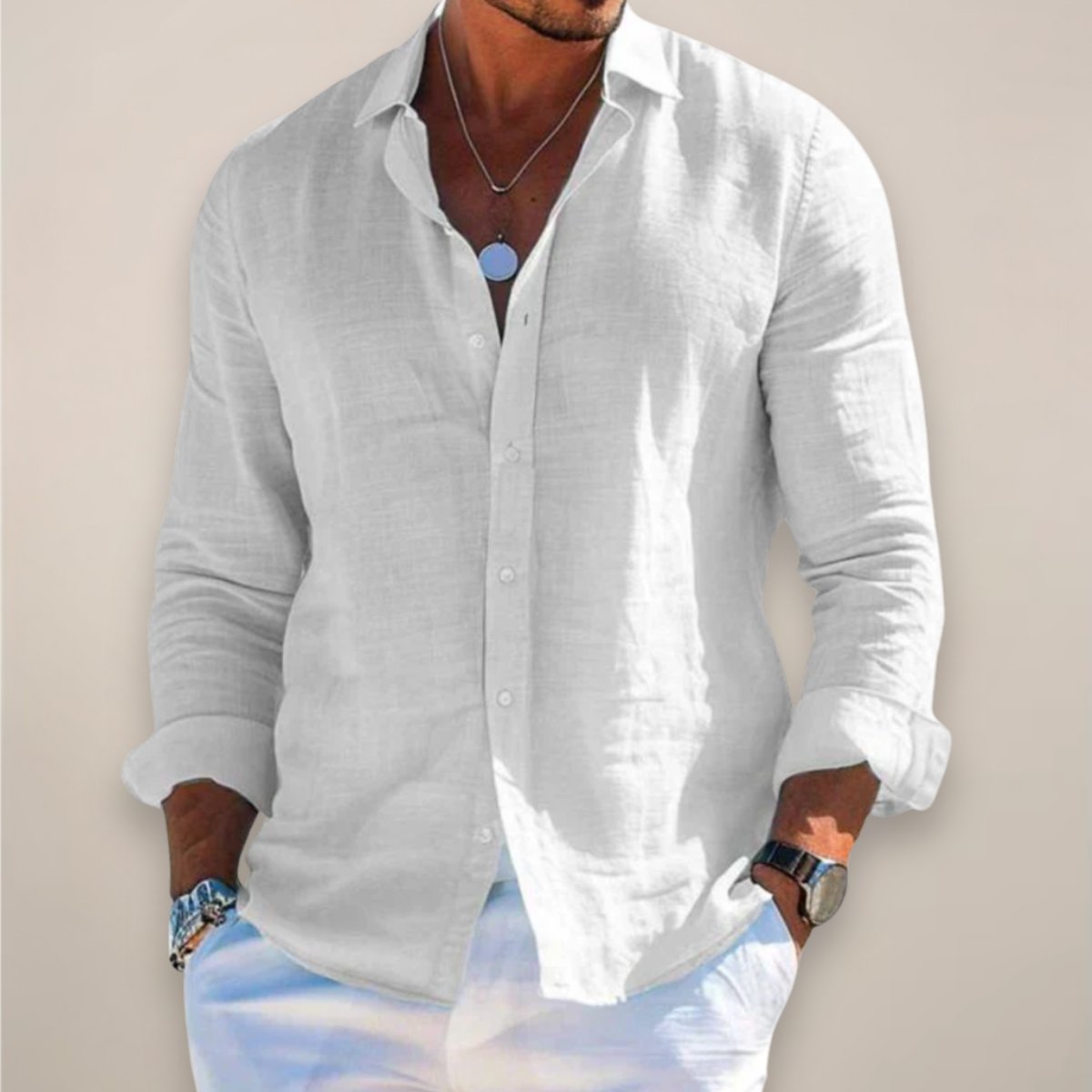 Men's Linen Long Sleeve Button-Up Shirt - White