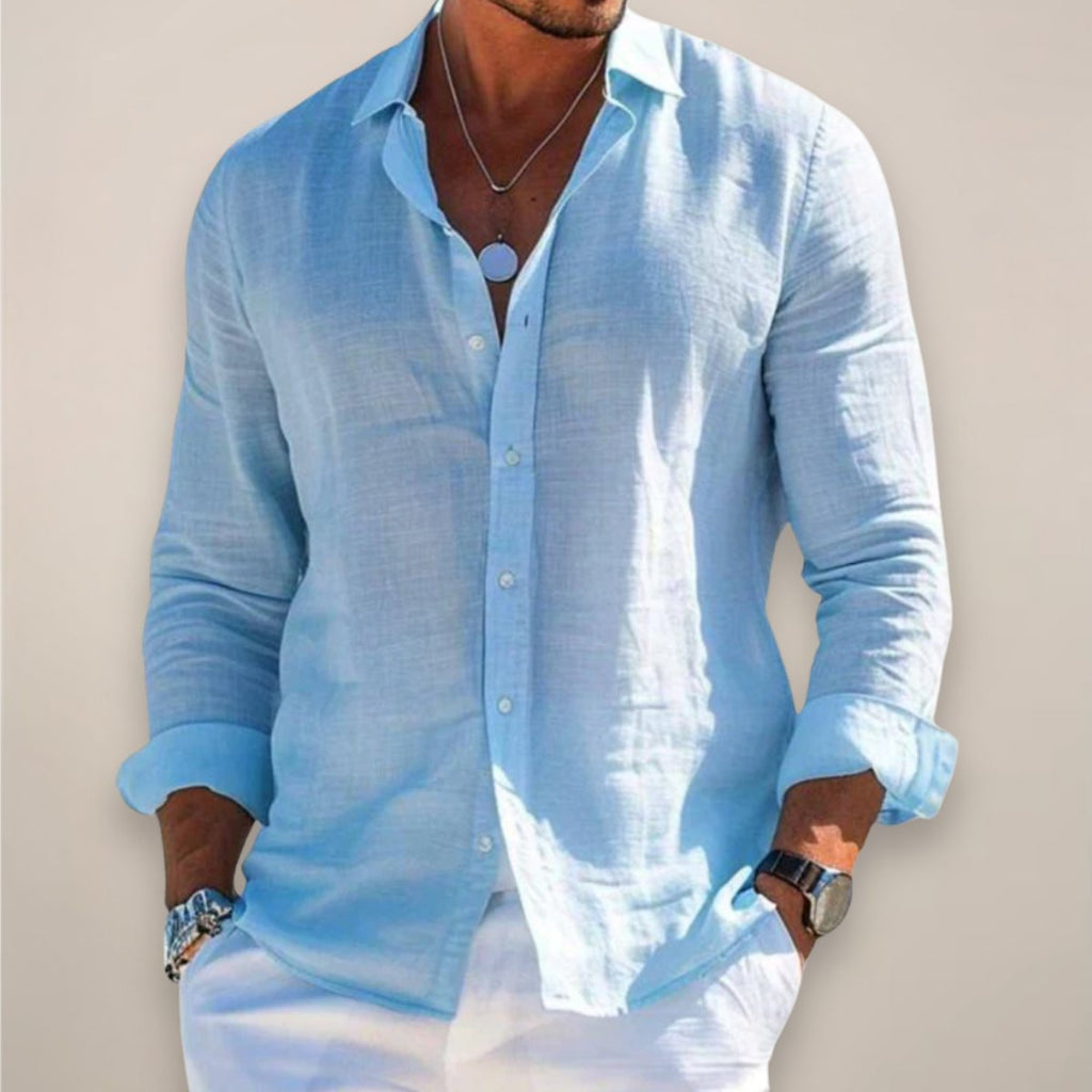 Men's Linen Long Sleeve Button-Up Shirt - Blue