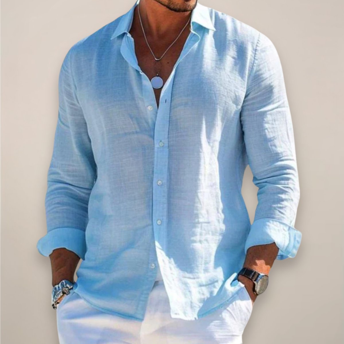 Men's Linen Long Sleeve Button-Up Shirt - Blue