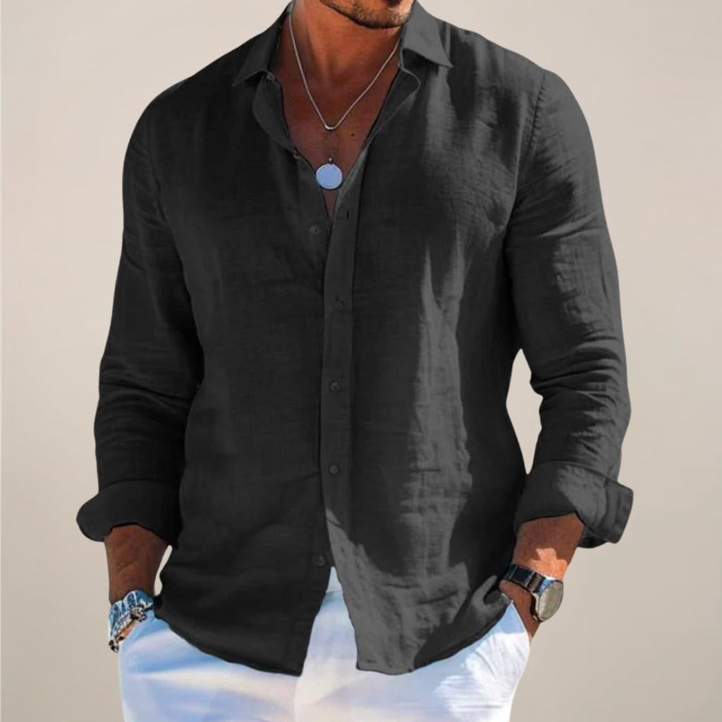 Men's Linen Long Sleeve Button-Up Shirt - Black